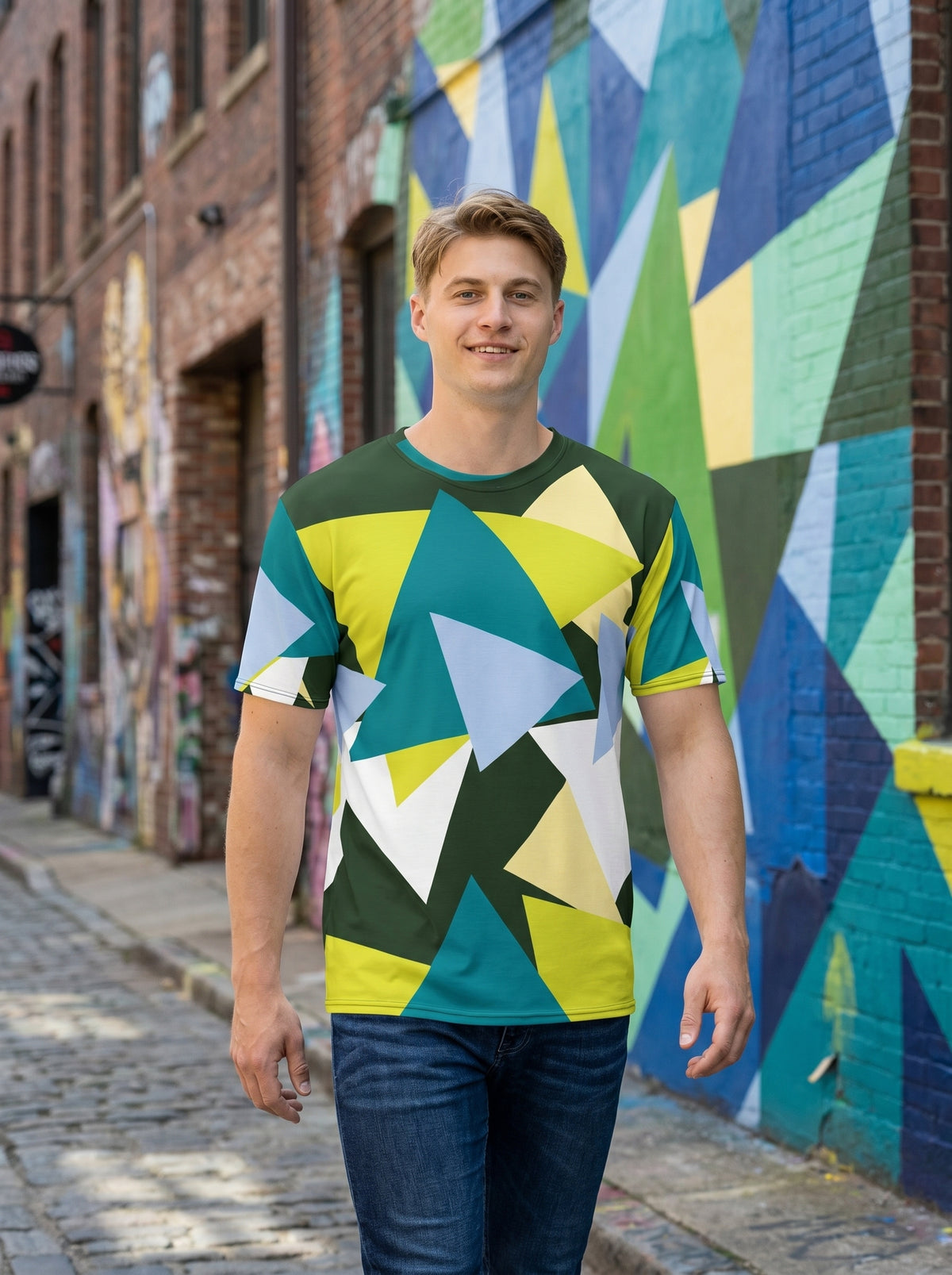 AI-generated mockup: A man wearing the 'Myrtle Green Abstract Triangles' t-shirt, walking confidently through a vibrant, 