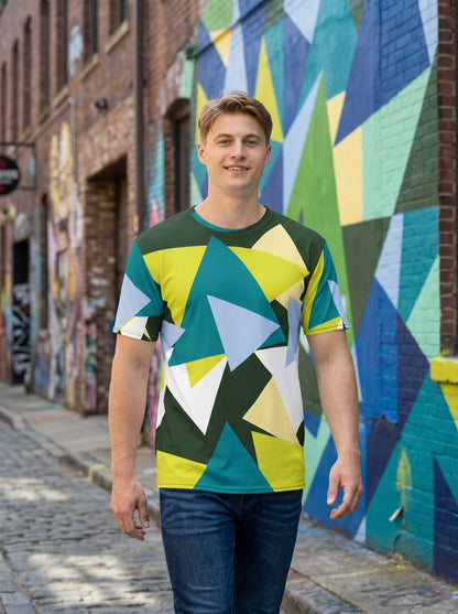 AI-generated mockup: A man wearing the 'Myrtle Green Abstract Triangles' t-shirt, walking confidently through a vibrant, 
