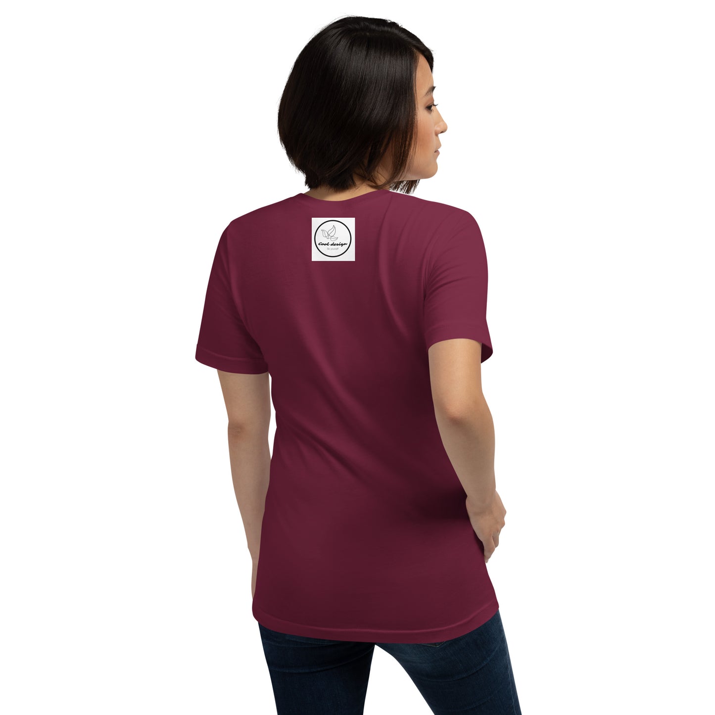a woman in a pink shirt is standing on a bench 