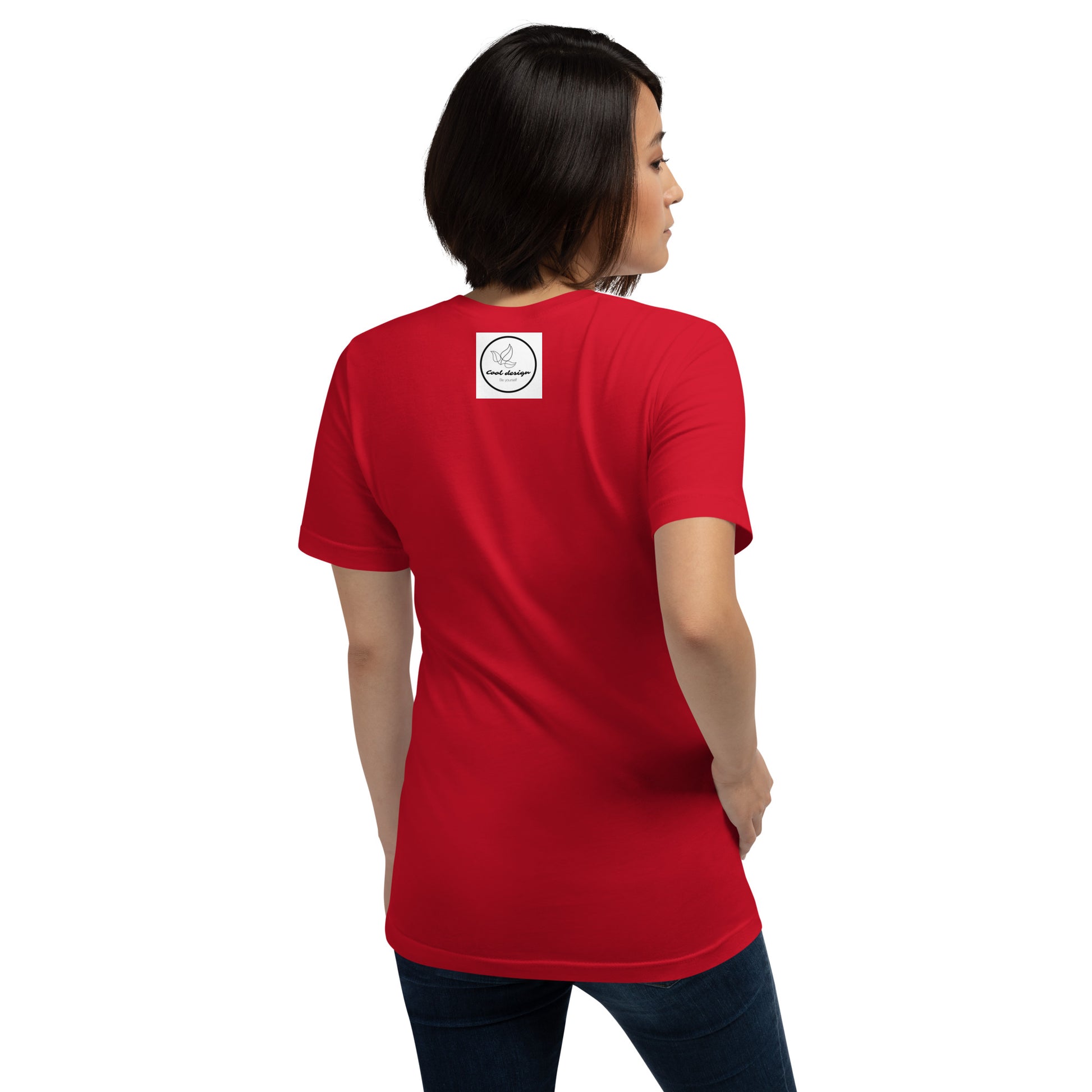 a woman in a red shirt is standing on a bench 