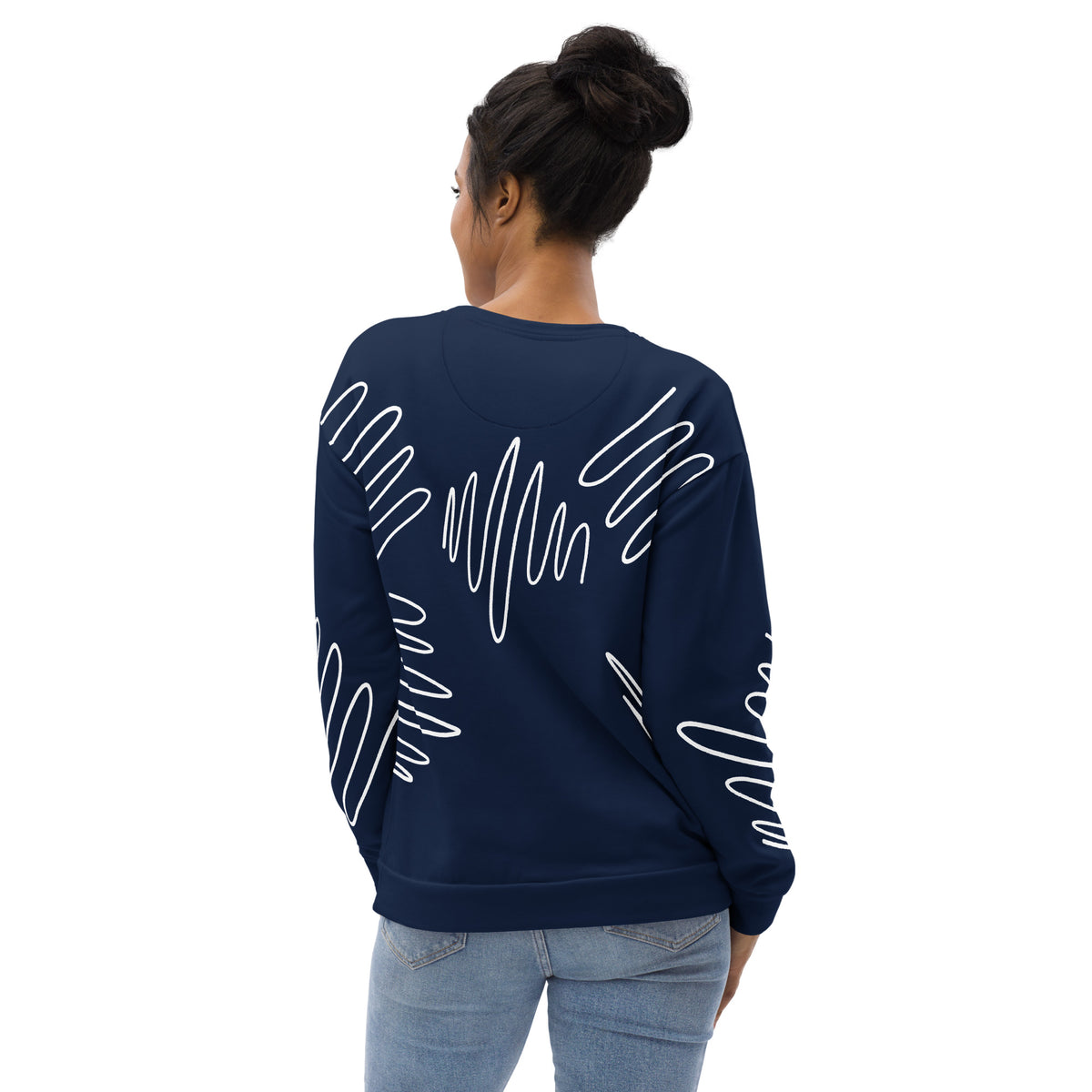 All-over print recycled unisex sweatshirt  in dark cerulean blue for women, back view, photo 1