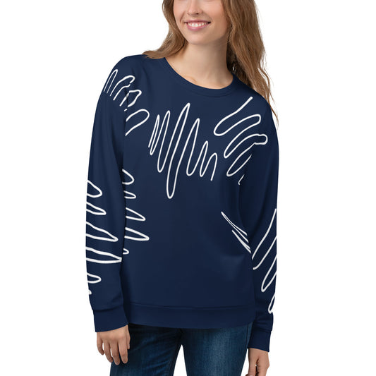All-over print recycled unisex sweatshirt with Athletic Stripes "Team" pattern in dark cerulean blue, front view, photo 1