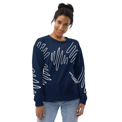All-over print recycled unisex sweatshirt  in dark cerulean blue for women, front view, photo 2