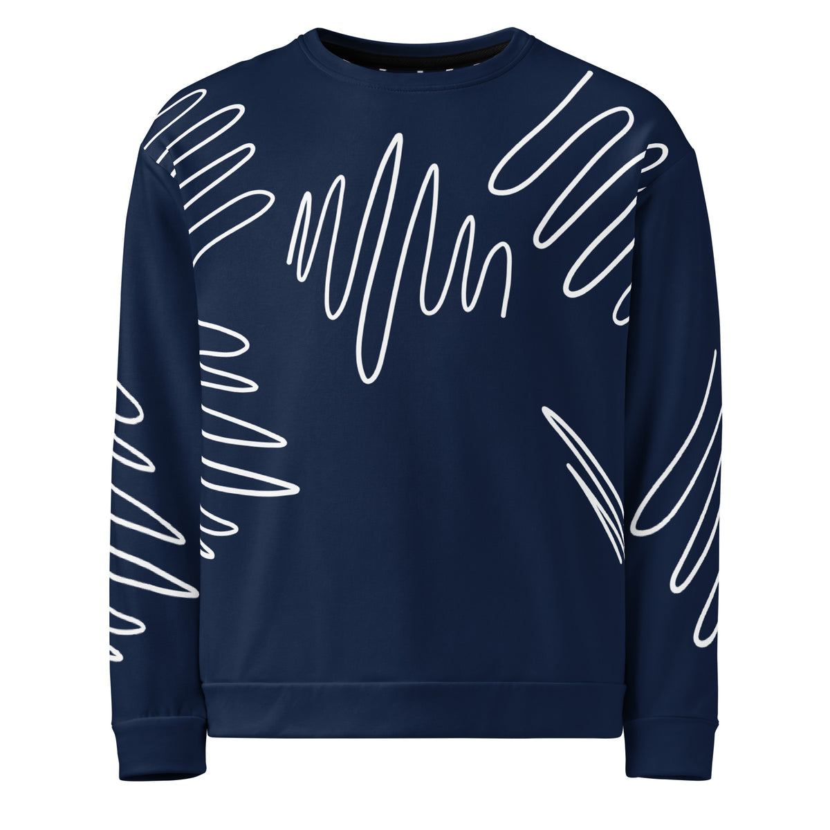 All-over print recycled unisex sweatshirt  in dark cerulean blue for women, product flat, front view, 