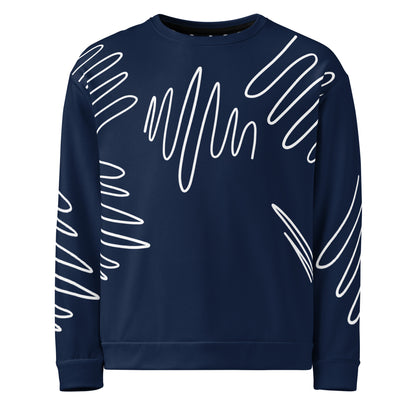 All-over print recycled unisex sweatshirt  in dark cerulean blue for women, product flat, front view, 