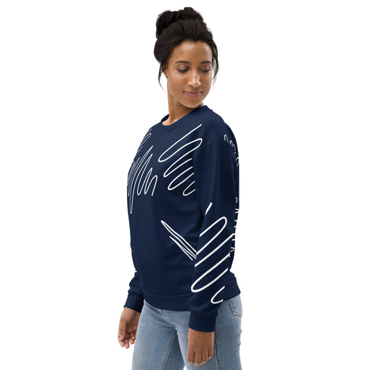 All-over print recycled unisex sweatshirt  in dark cerulean blue for women, left front view, photo 1